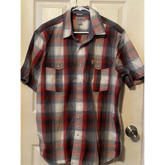 Carhartt Mens Multicolor Plaid Relaxed Fit Short Sleeve Button-Up Shirt Large pe - Picture 12 of 13